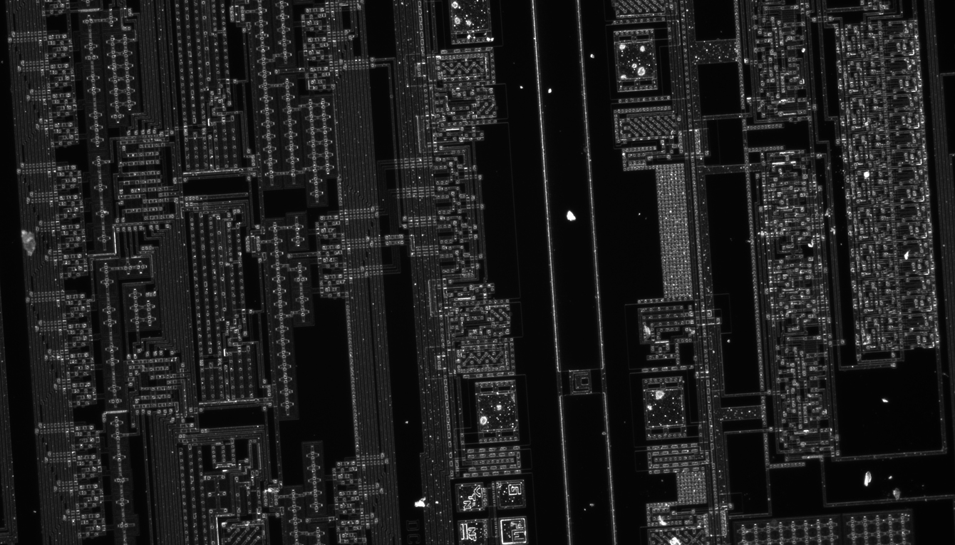 120i 5X Plan APO Infinity Corrected Objective로 확대한 반도체 웨이퍼의 암시야 이미지